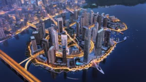 Dubai Creek Harbour waterfront aerial rendering at dusk