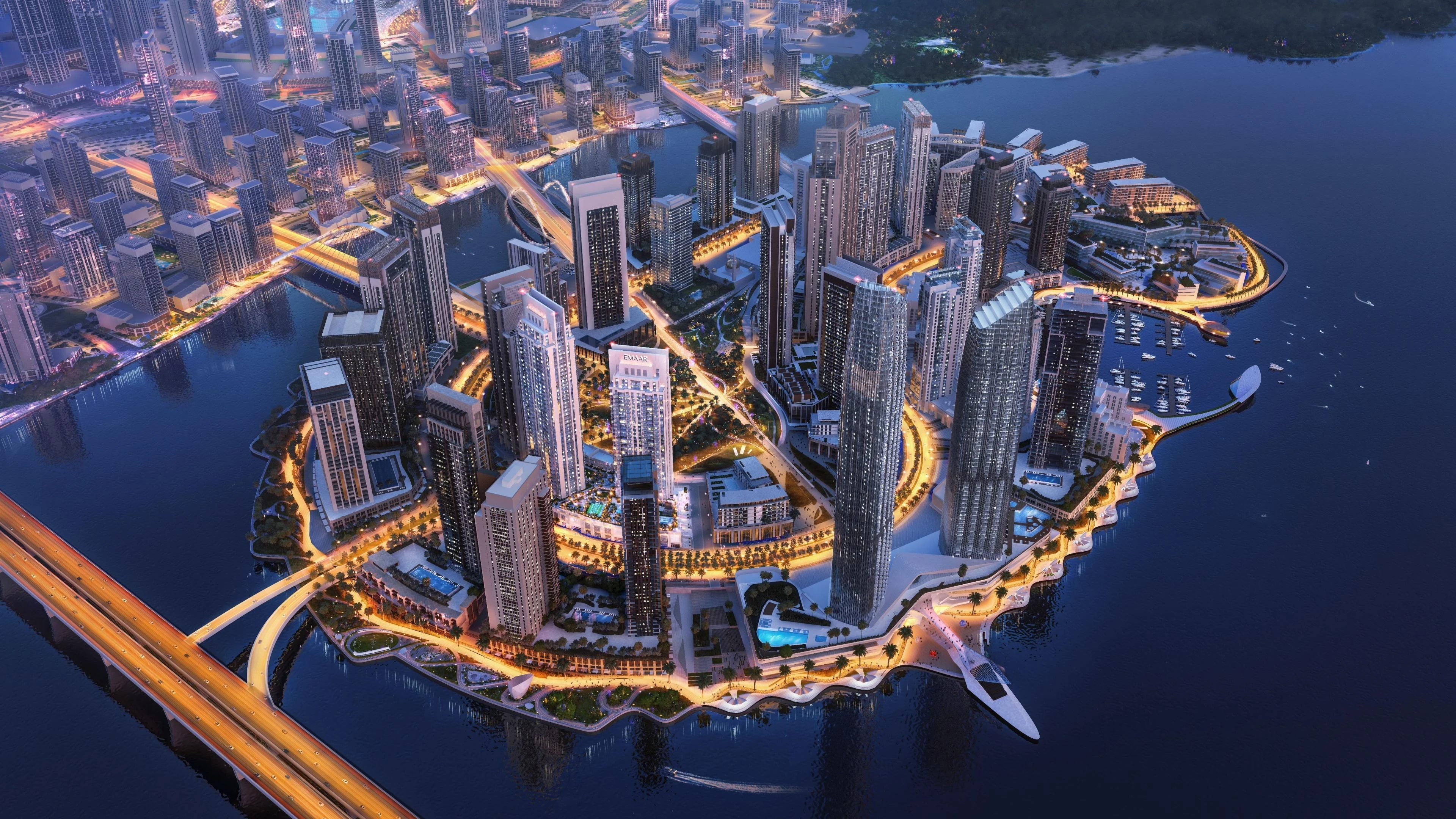 Dubai Creek Harbour waterfront aerial rendering at dusk